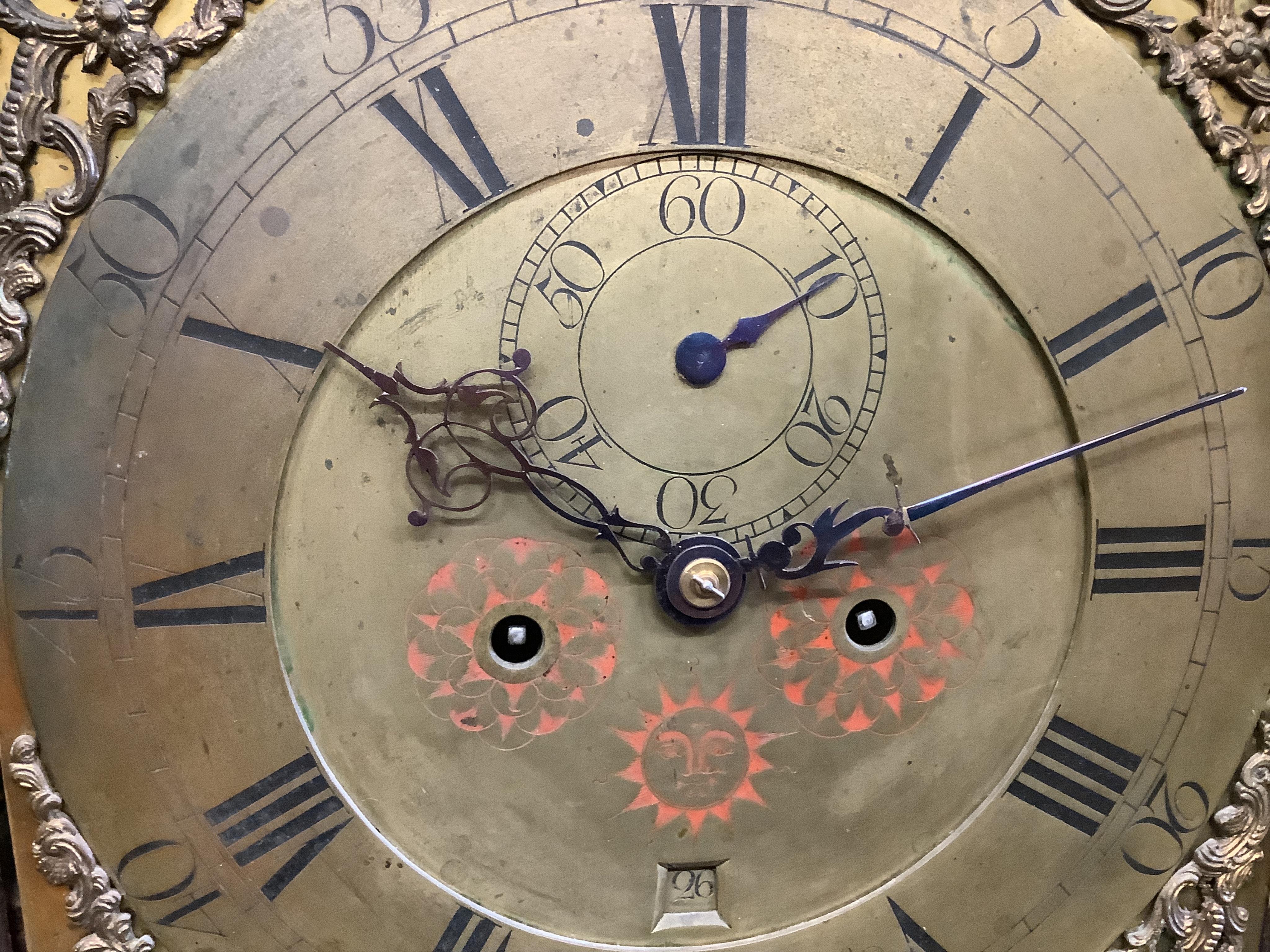 A longcase clock with brass dial, height 193cm